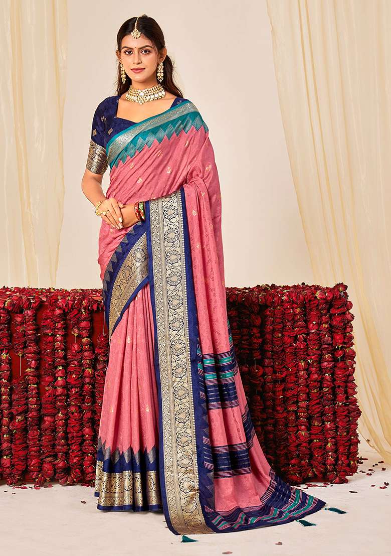 Pink Woven Silk Blend Saree Set for Diwali and Festive Wear - Indya