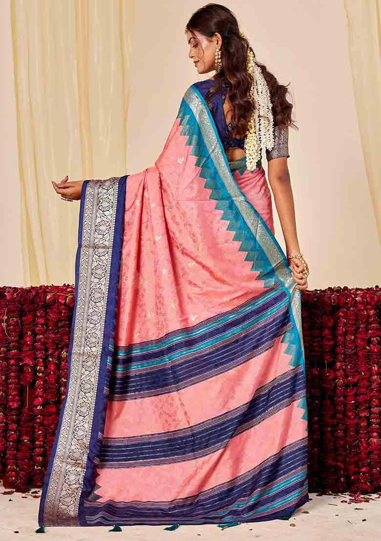 Pink Woven Silk Blend Saree Set - Indya