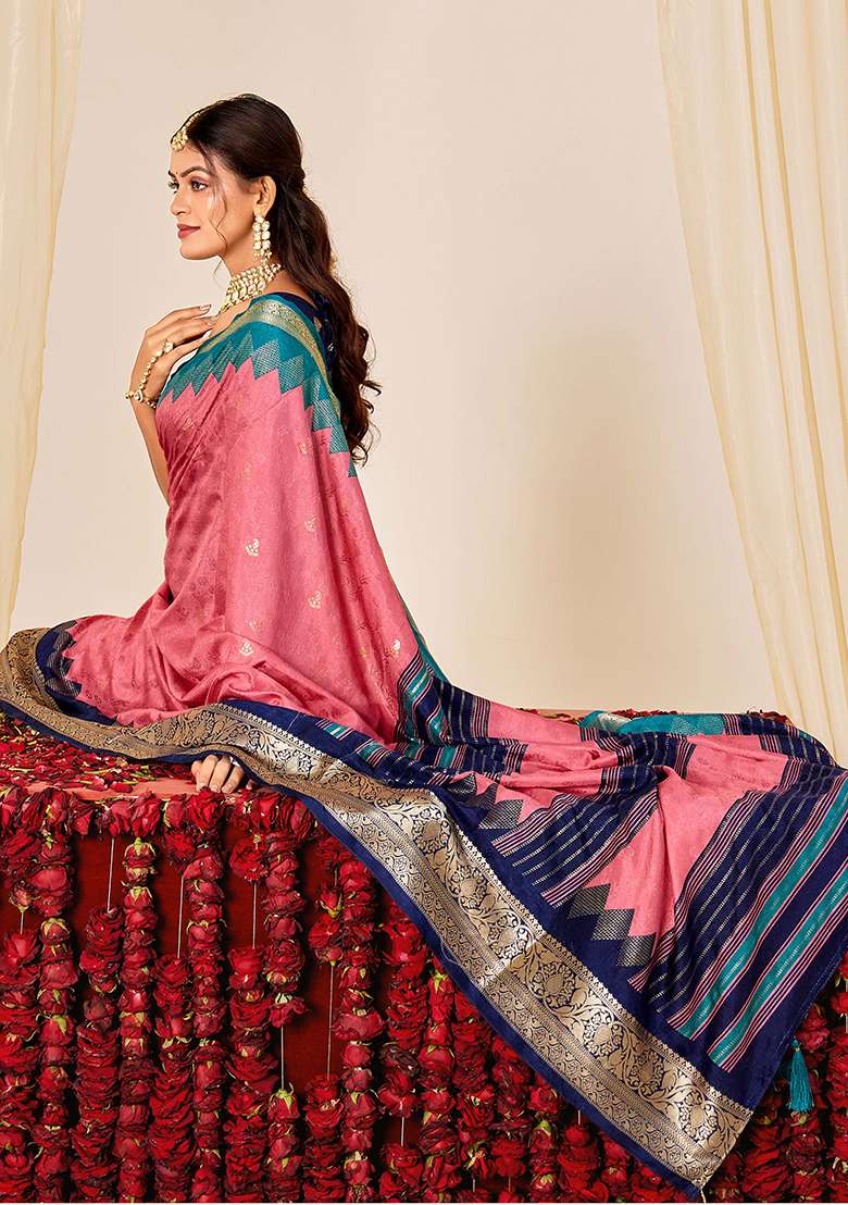 Pink Woven Silk Blend Saree Set for Diwali and Festive Wear - Indya