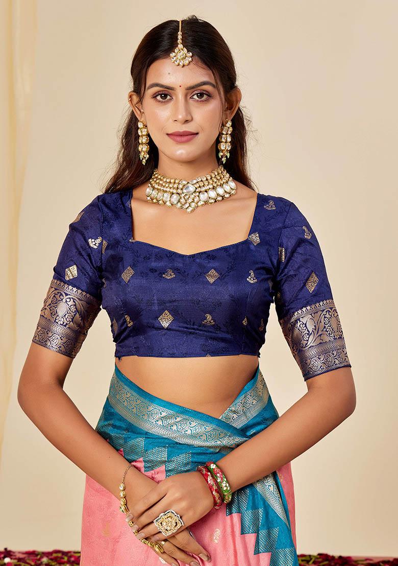 Pink Woven Silk Blend Saree Set - Indya