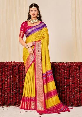 Yellow Woven Silk Blend Saree Set