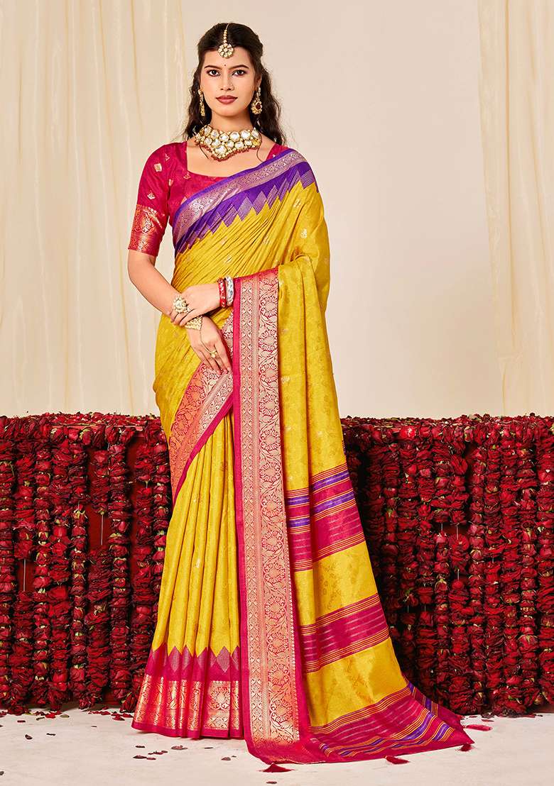 Yellow Woven Silk Blend Saree Set for Diwali | Wedding & Festive Wear - Indya