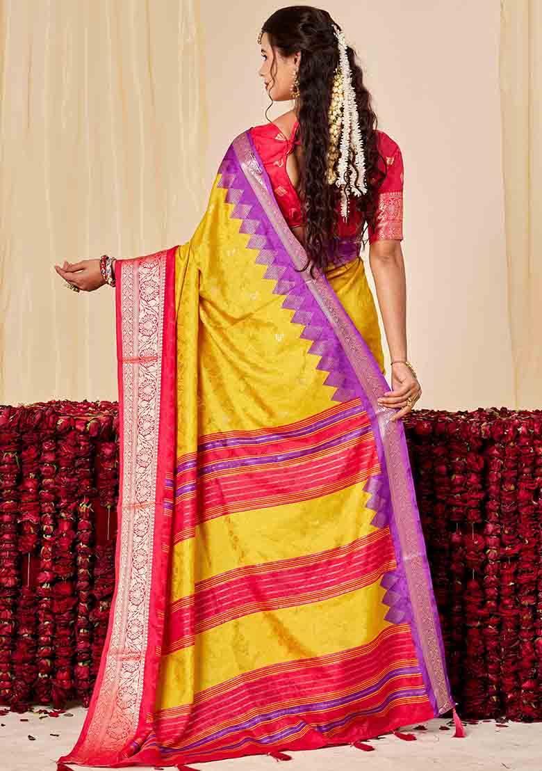 Yellow Woven Silk Blend Saree Set - Indya