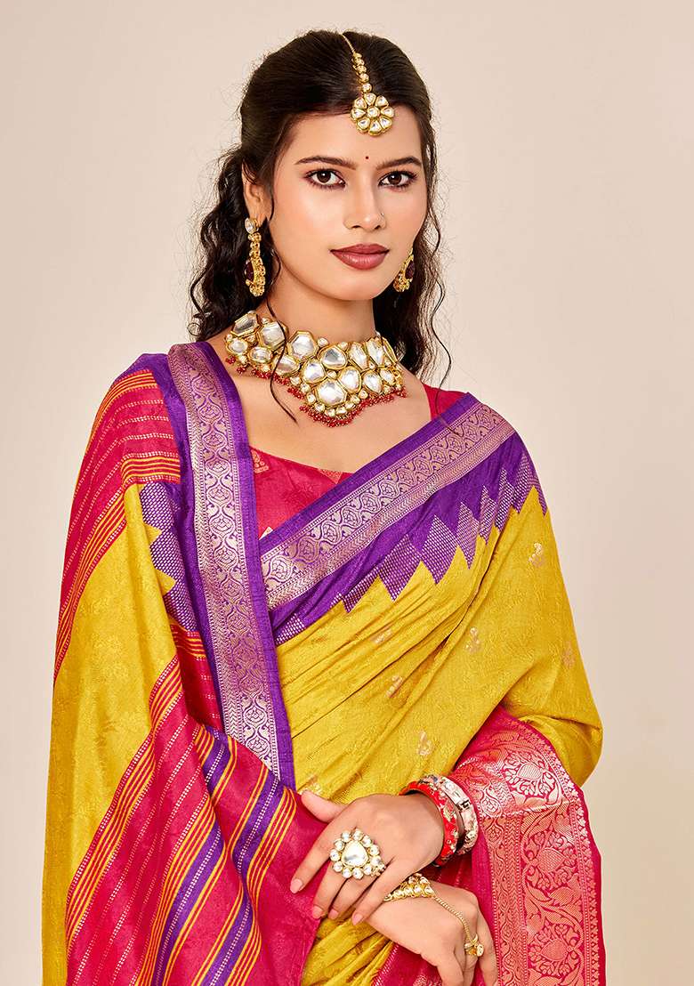 Yellow Woven Silk Blend Saree Set for Diwali | Wedding & Festive Wear - Indya