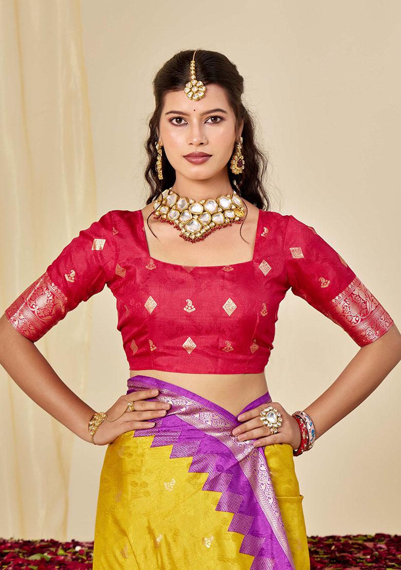 Yellow Woven Silk Blend Saree Set - Indya