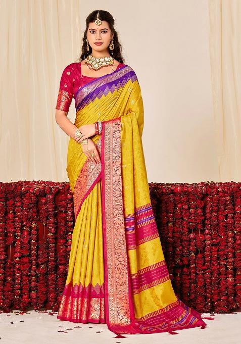 Yellow Woven Silk Blend Saree Set