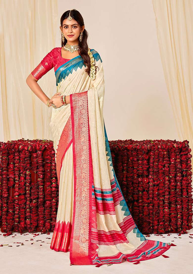 Off White Woven Silk Blend Saree Set for Diwali | Wedding & Festive Wear - Indya
