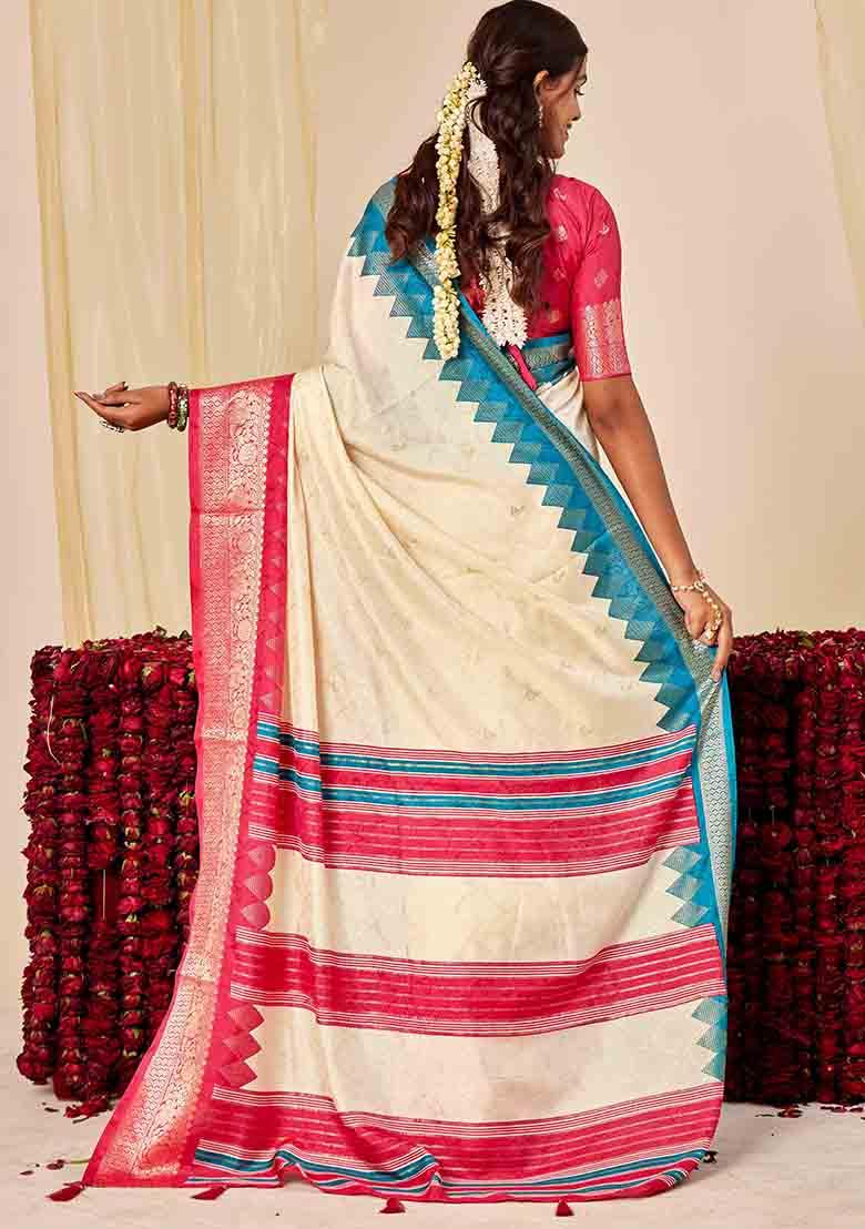 Off White Woven Silk Blend Saree Set - Indya