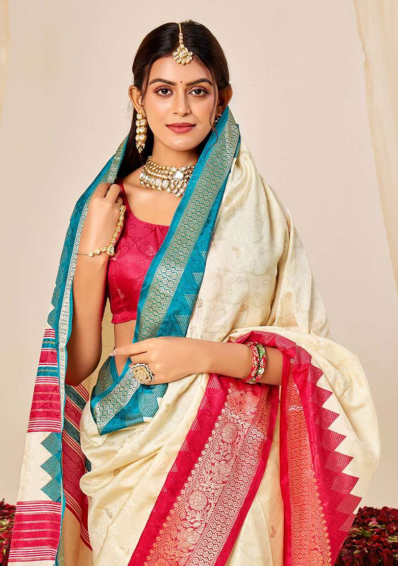 Off White Woven Silk Blend Saree Set for Diwali | Wedding & Festive Wear - Indya