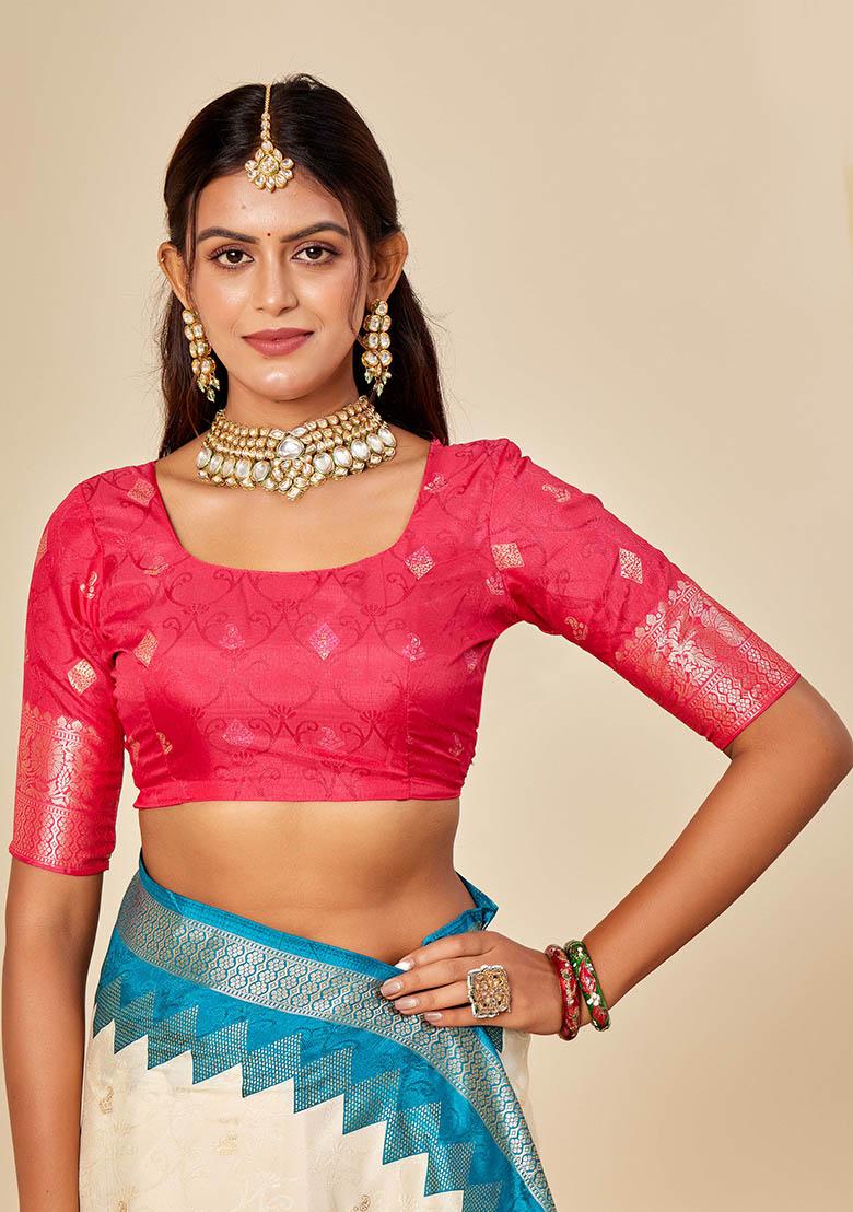 Off White Woven Silk Blend Saree Set - Indya