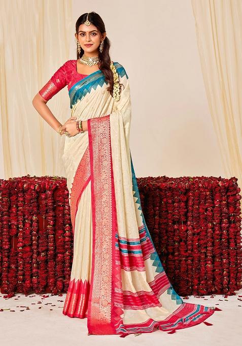 Off White Woven Silk Blend Saree Set