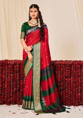 Red Woven Silk Blend Saree Set