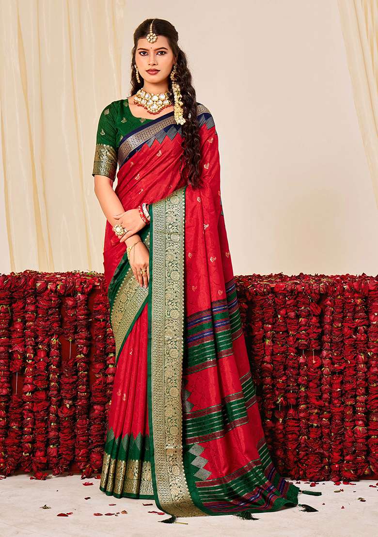 Red Woven Silk Blend Saree Set for Diwali | Wedding & Festive Wear - Indya