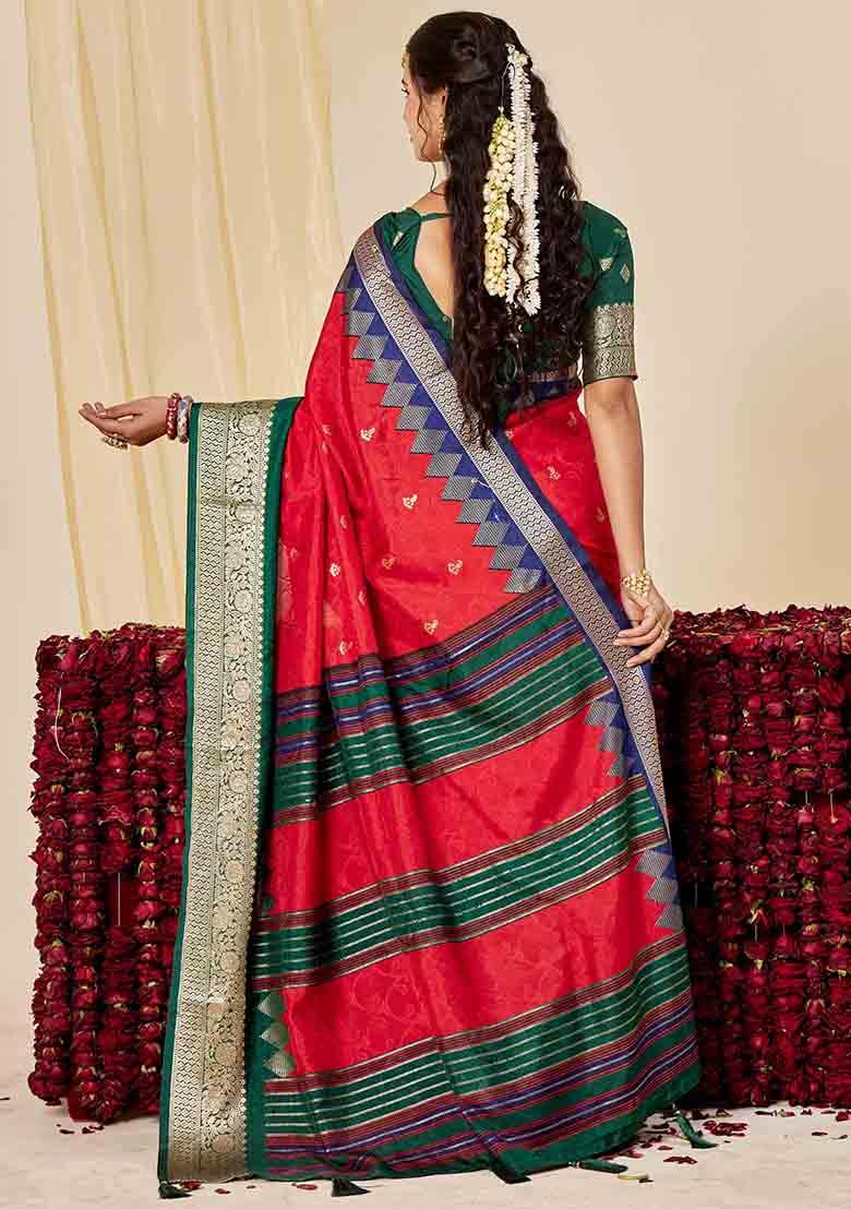 Red Woven Silk Blend Saree Set - Indya