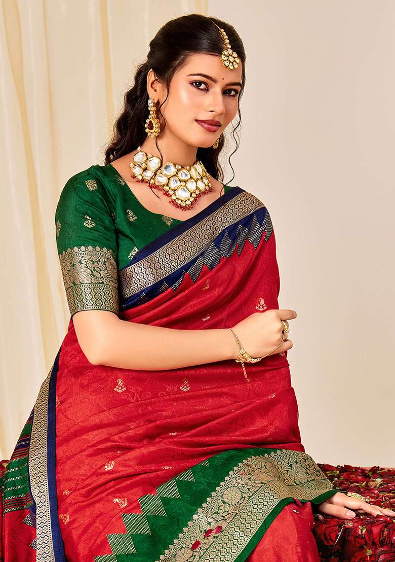 Red Woven Silk Blend Saree Set for Diwali | Wedding & Festive Wear - Indya