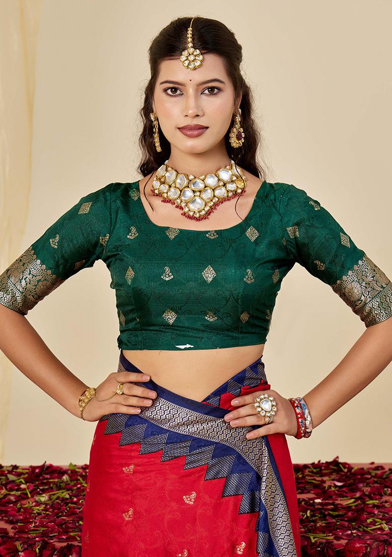 Red Woven Silk Blend Saree Set - Indya