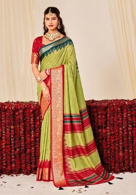 Green Woven Silk Blend Saree Set