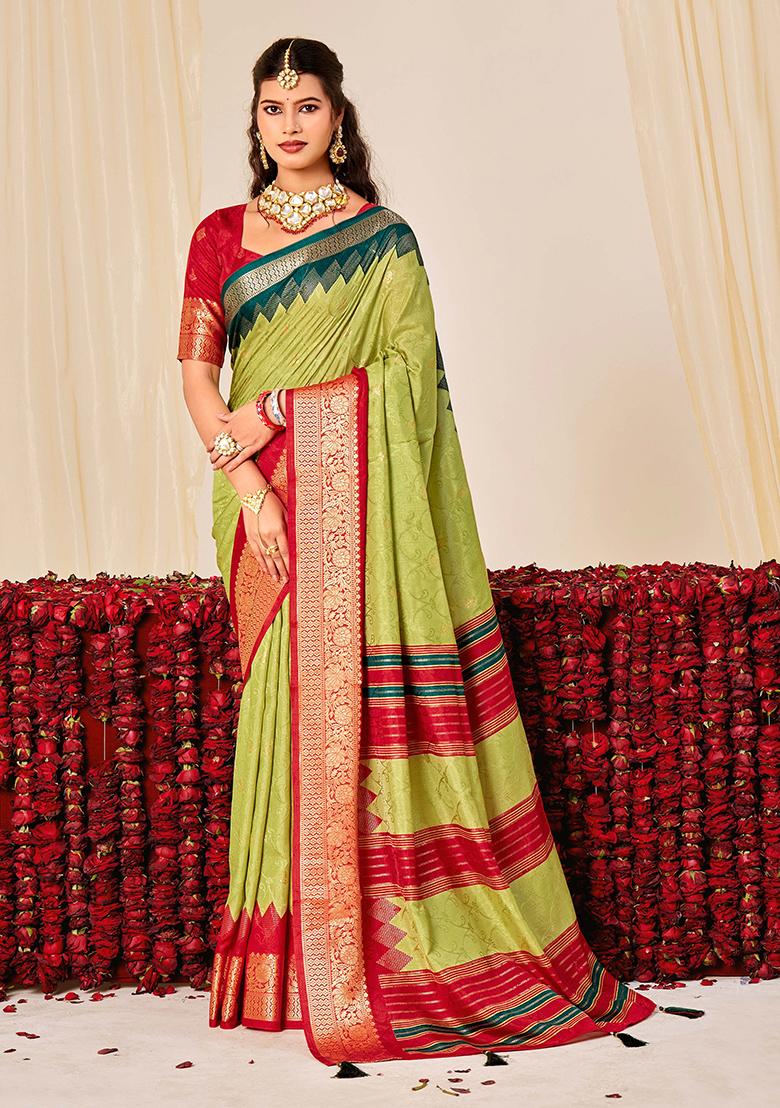 Green Woven Silk Blend Saree Set - Indya