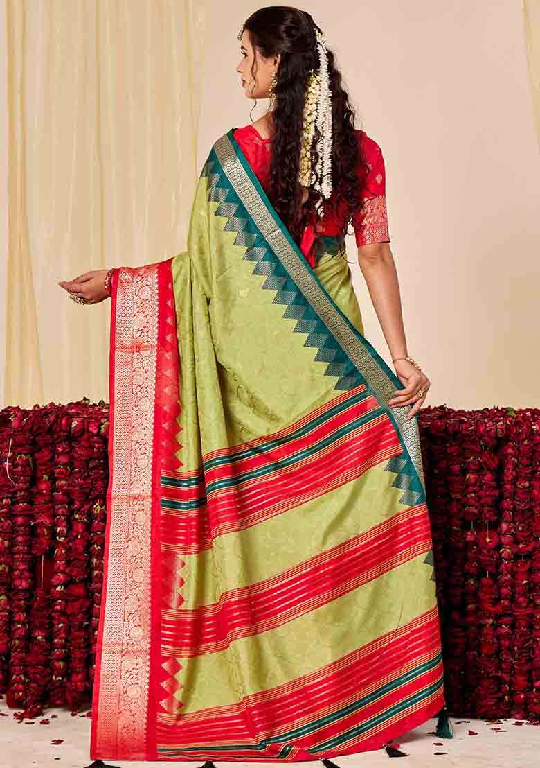 Green Woven Silk Blend Saree Set for Diwali and Festive Wear - Indya