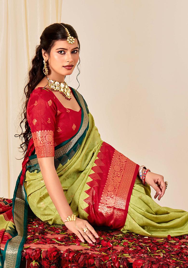 Green Woven Silk Blend Saree Set - Indya