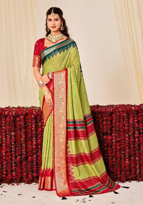 Green Woven Silk Blend Saree Set