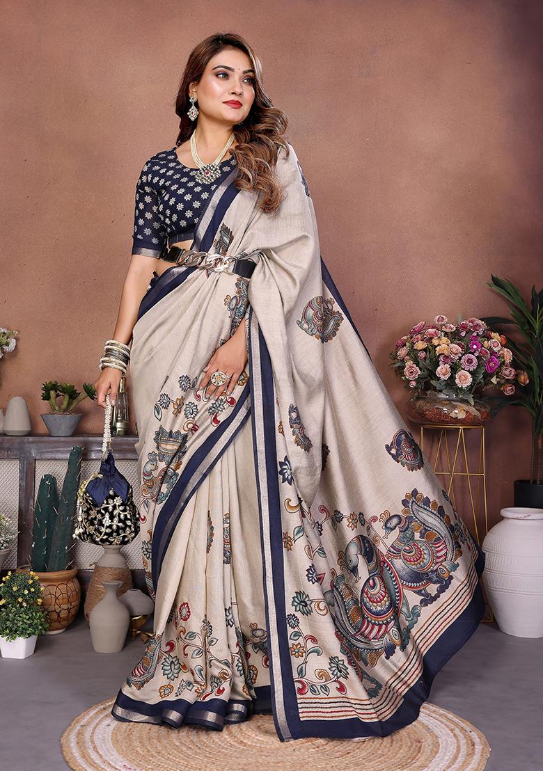 Blue Printed Blended Cotton Saree Set - Indya