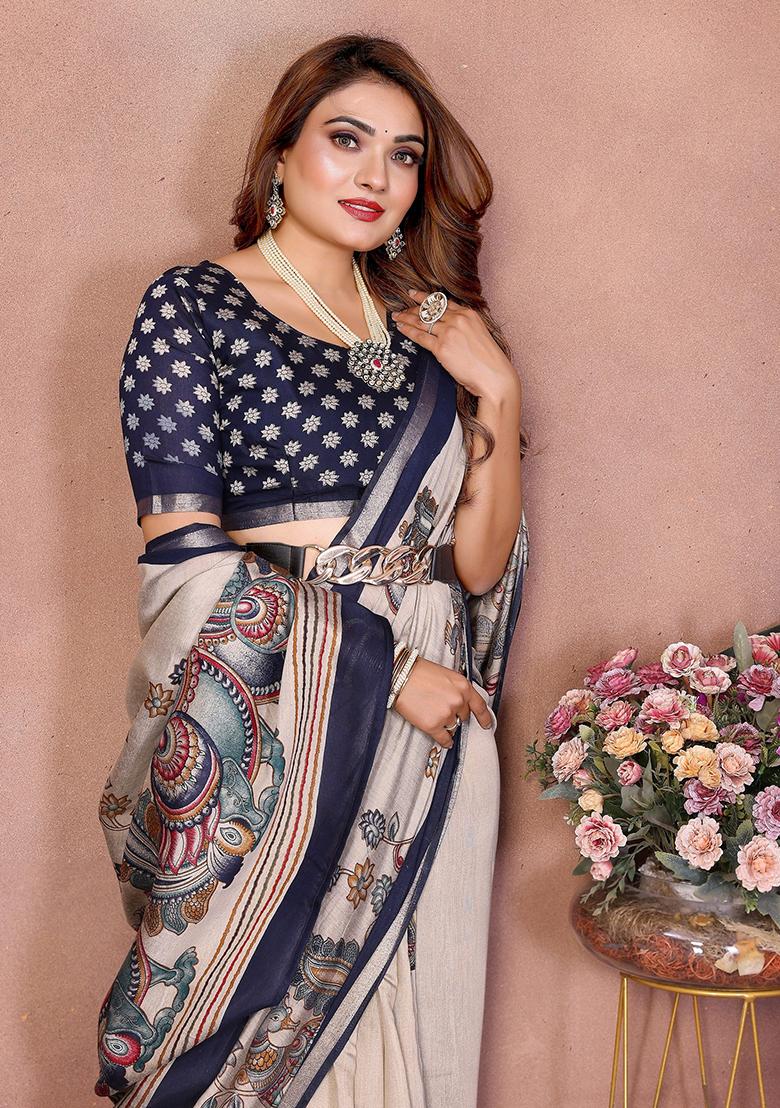 Blue Printed Blended Cotton Saree Set - Indya