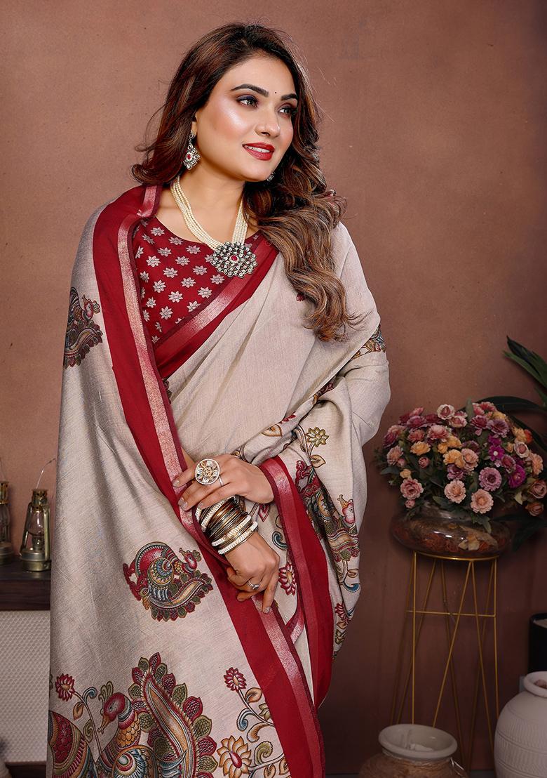 Maroon Printed Blended Cotton Saree Set - Indya