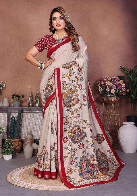 Maroon Printed Blended Cotton Saree Set