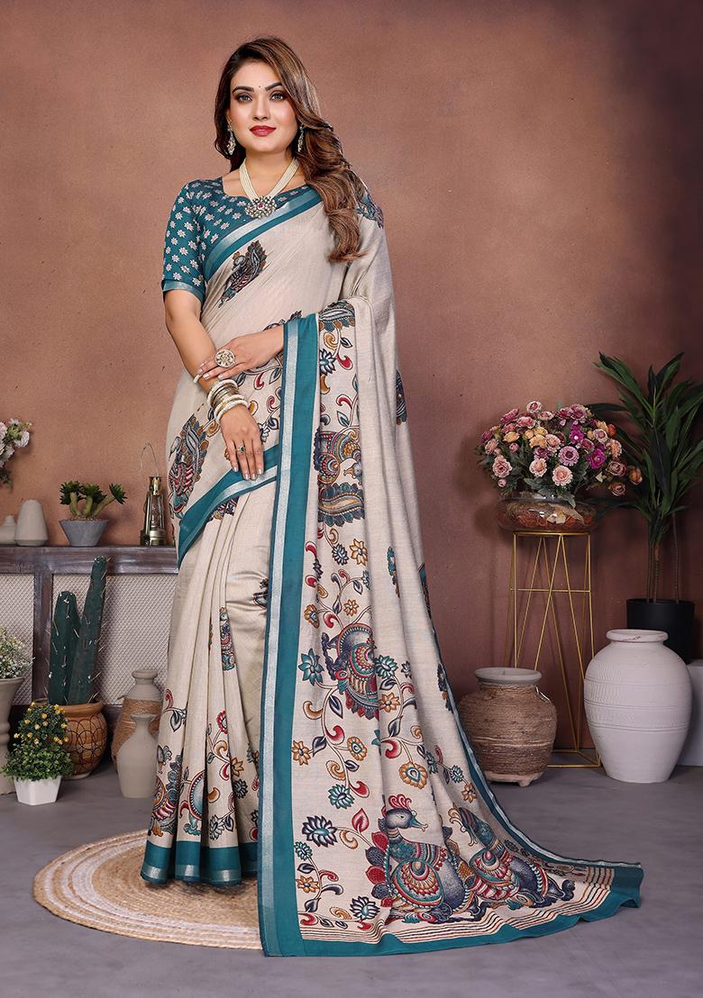 Teal Printed Blended Cotton Saree Set - Indya