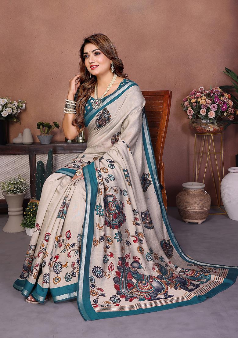 Teal Printed Blended Cotton Saree Set - Indya