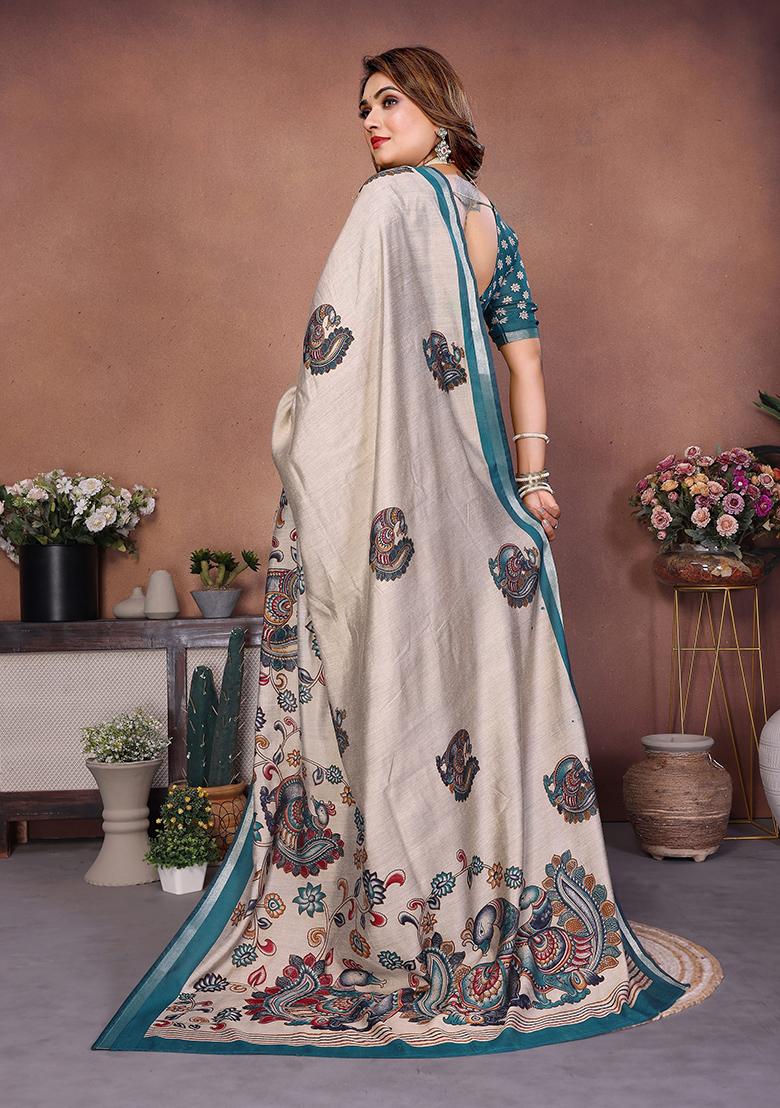 Teal Printed Blended Cotton Saree Set - Indya