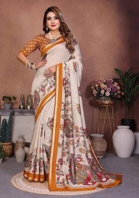 Mustard Printed Blended Cotton Saree Set