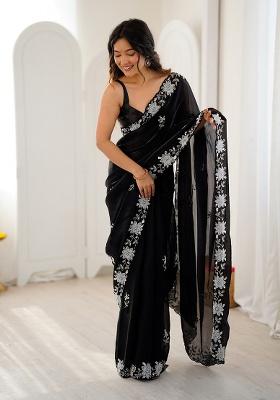 Black Embroidered Chiffon Saree Set