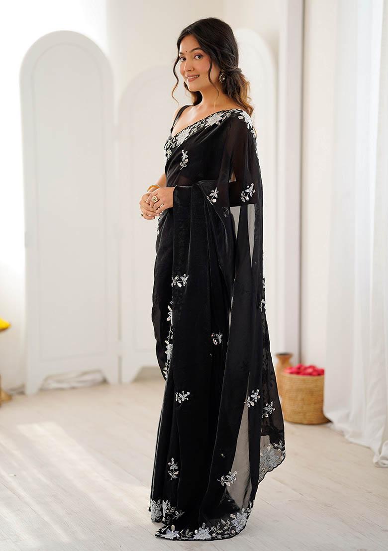 Black Embroidered Chiffon Saree Set - Indya