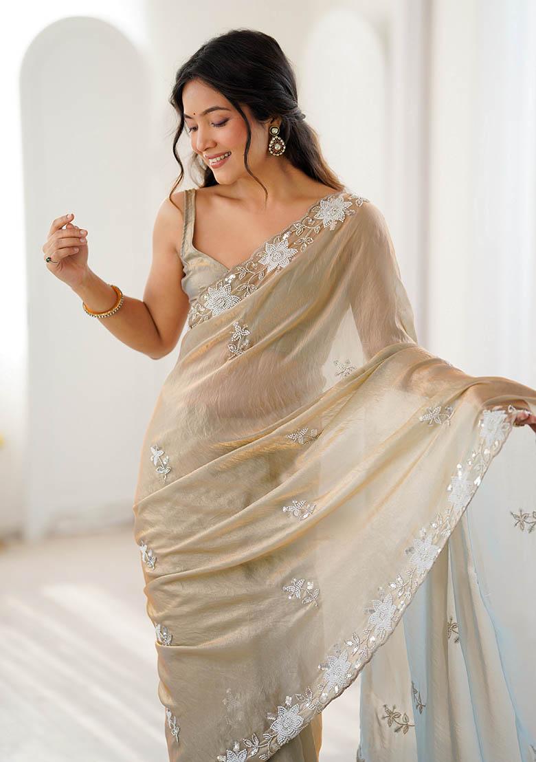 Beige Embroidered Chiffon Saree Set - Indya