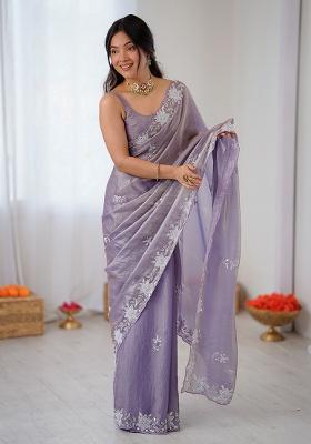 Lavender Embroidered Chiffon Saree Set