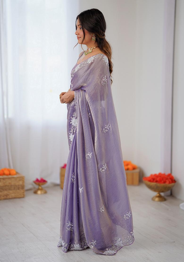 Lavender Embroidered Chiffon Saree Set - Indya