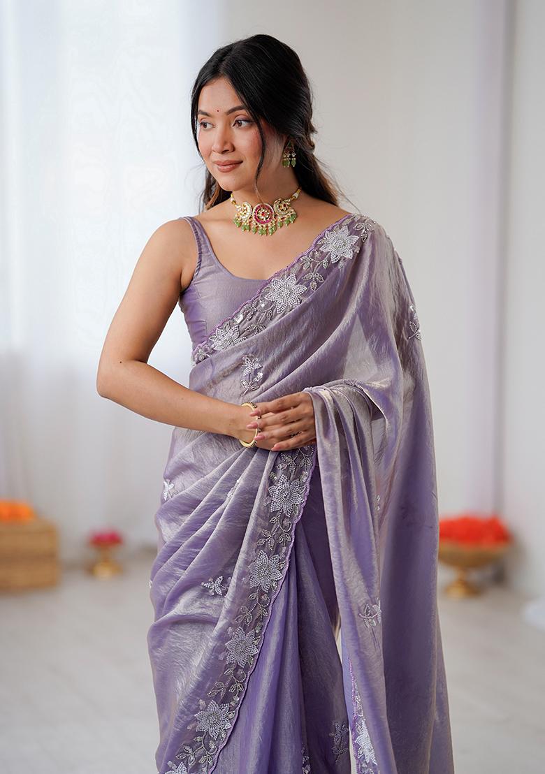 Lavender Embroidered Chiffon Saree Set - Indya