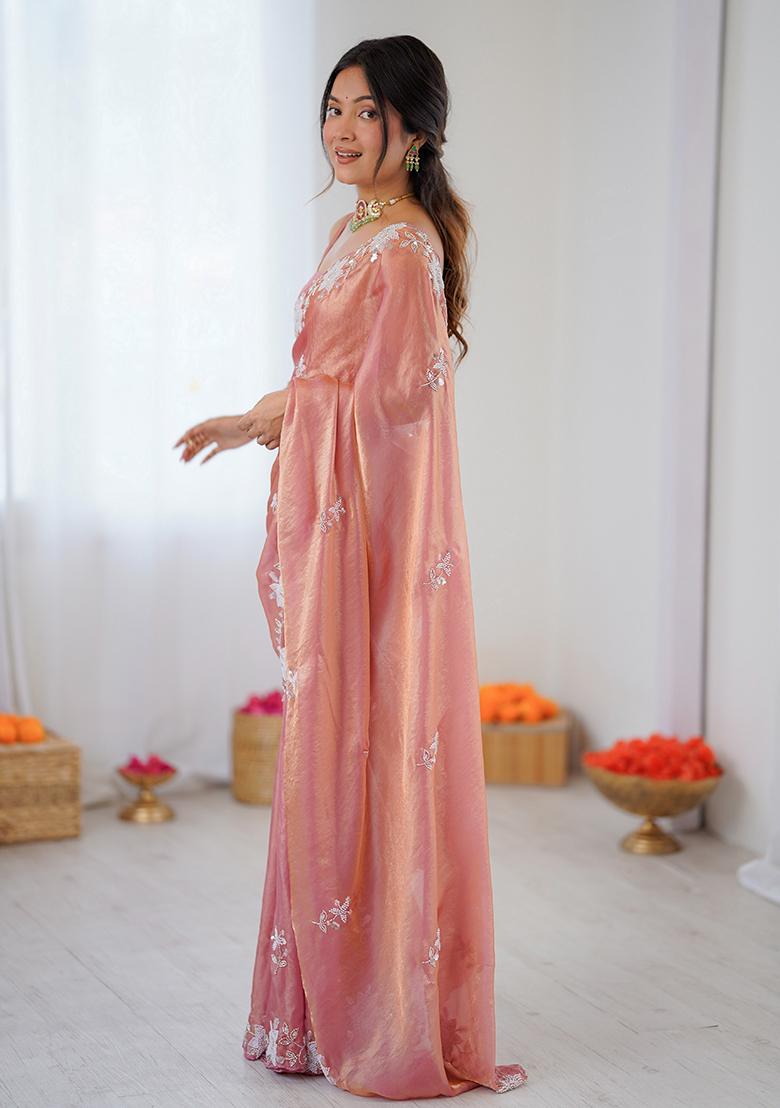 Peach Embroidered Chiffon Saree Set - Indya
