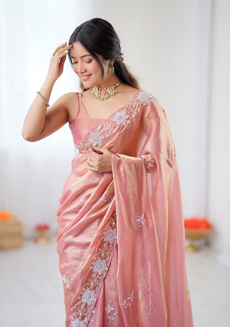 Peach Embroidered Chiffon Saree Set - Indya