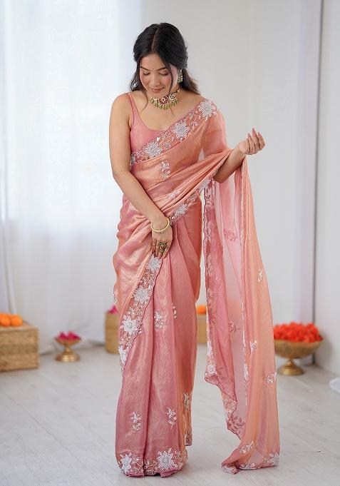 Peach Embroidered Chiffon Saree Set