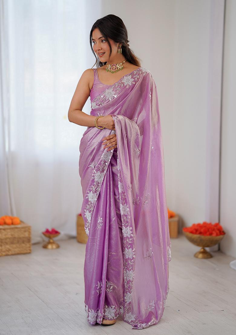 Purple Embroidered Chiffon Saree Set - Indya