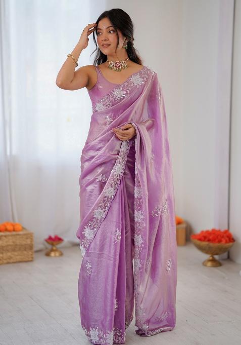 Purple Embroidered Chiffon Saree Set — view on Indya