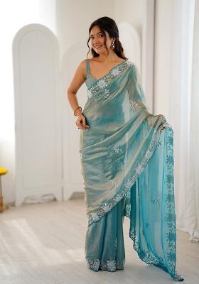 Sea Green Embroidered Chiffon Saree Set