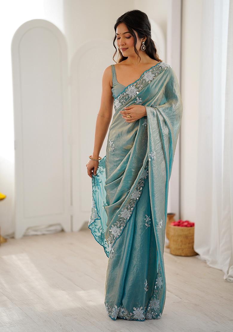 Sea Green Embroidered Chiffon Saree Set - Indya