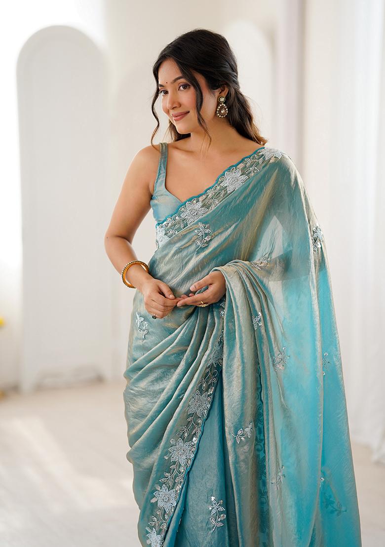 Sea Green Embroidered Chiffon Saree Set - Indya