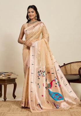 Peach Woven Blended Cotton Saree Set