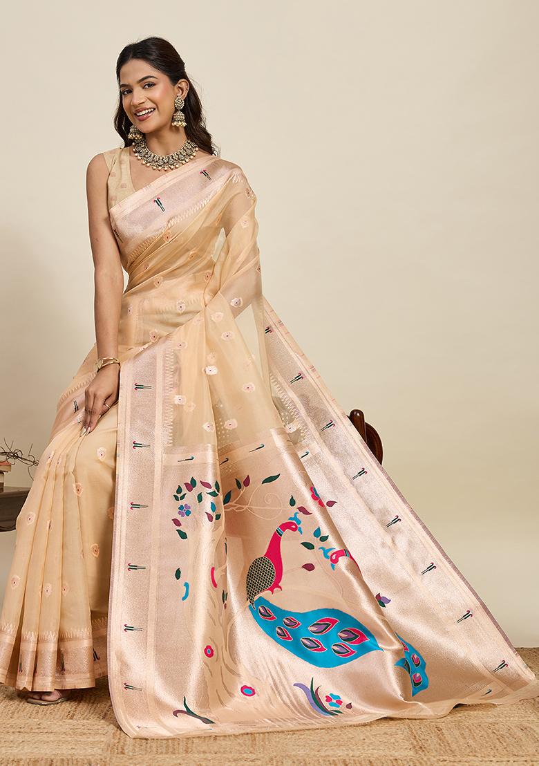 Peach Woven Blended Cotton Saree Set - Indya