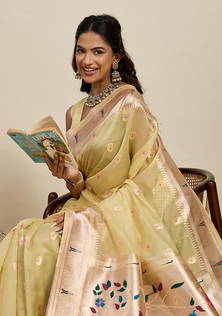 Yellow Woven Blended Cotton Saree Set - Indya